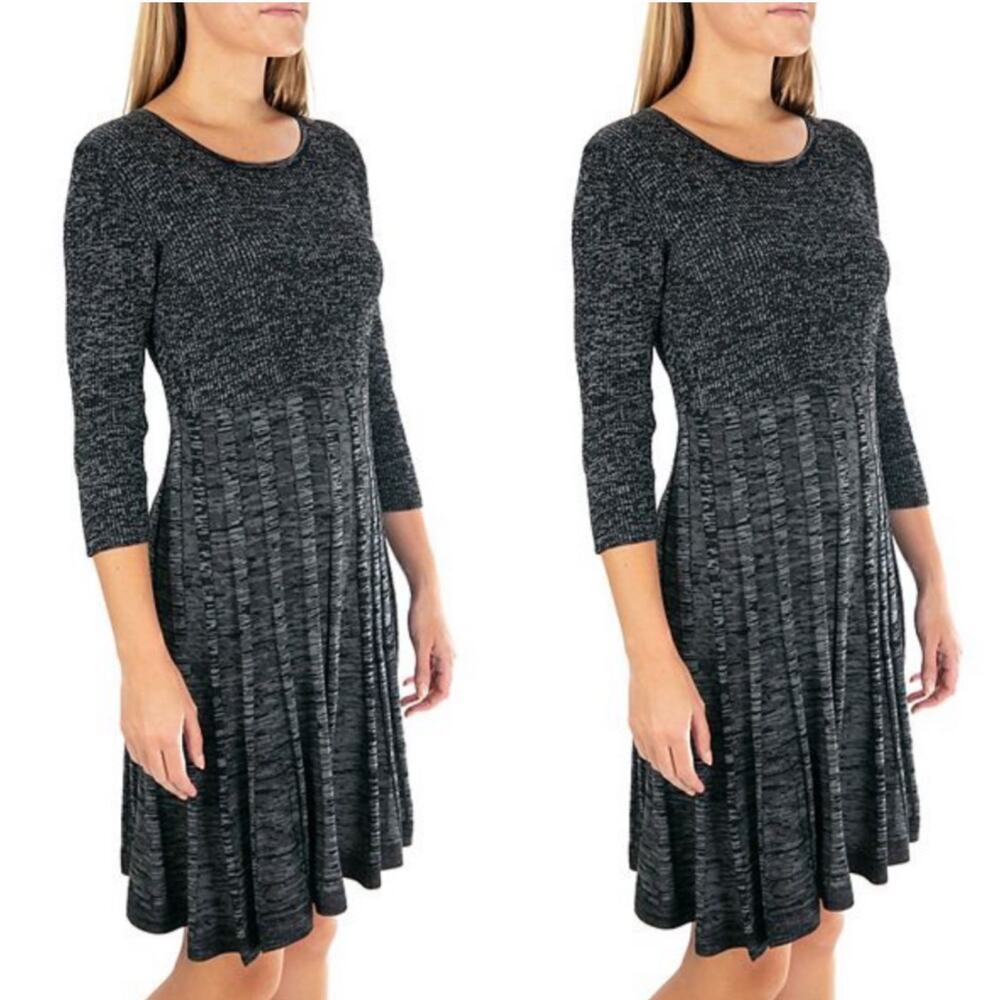 Nina Leonard Black Pleated Skirt Fit & Flair Sweater Dress